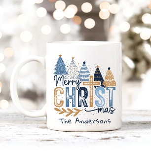 Mug Bleu Arbres modernes Christ Joyeux Noël Nom