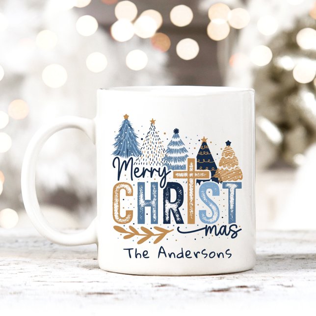 Mug Bleu Arbres modernes Christ Joyeux Noël Nom (Blue Modern Trees Christ Merry Christmas Name Coffee Mug)