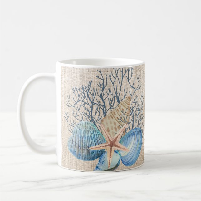 Mug Bleu Beige Coquillages Corail Starfish (Gauche)