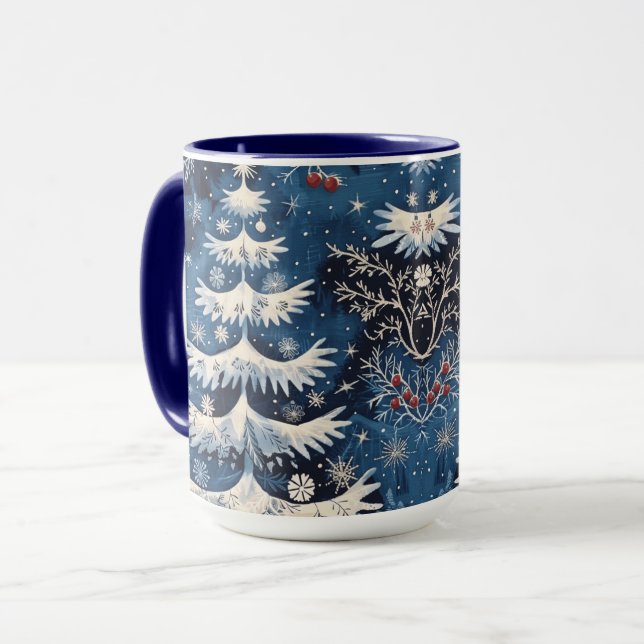 Mug Bleu blanc Arbre de Noël Musique de Noël (Devant gauche)