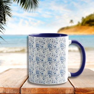 Mug Bleu Blanc Floral Toile Chinoiserie Aquarelle