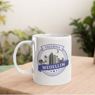 Mug Bleu blanc Medellin Colombie Cityscape Logo