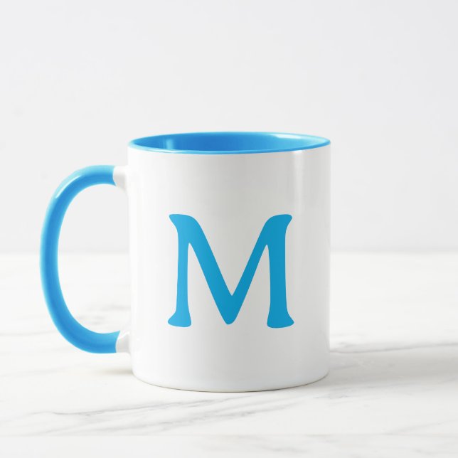 Mug Bleu Blanc Moderne Monogramme Personnalisé (Gauche)
