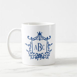 Mug Bleu Blanc Pagode Fleur Cadre Monogramme Initiales