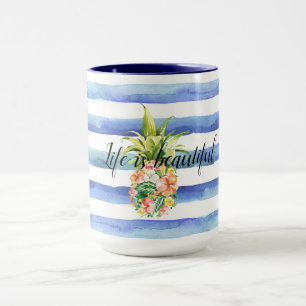 Mug Bleu Blanc rayures Tropical Floral Ananas