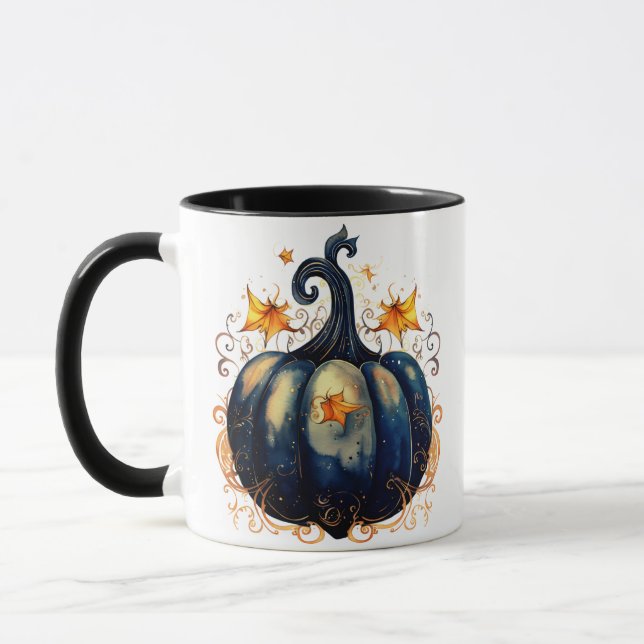 Mug Bleu Citrouille or rouleaux Feuille Halloween (Gauche)