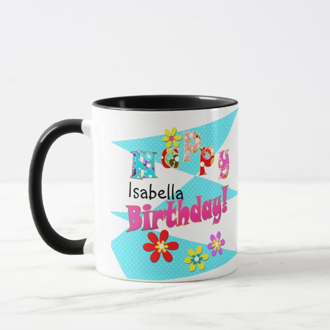Mug Bleu clair blanc rose enfants amusant fleurs dessi (Gauche)