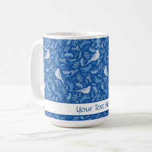 Mug Bleu clair et blanc hivernal Oiseaux motifs florau
