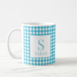 Mug Bleu Classique Gingham Carreaux Monogramme Nom