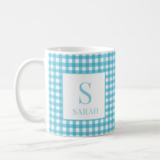 Mug Bleu Classique Gingham Carreaux Monogramme Nom (Gauche)