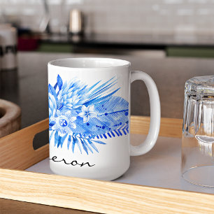 Mug Bleu Cobalt, Fleurs Tropicales Personnalisées Feui
