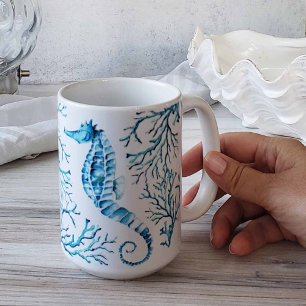 Mug Bleu côtier Hippocampe et corail Aquarelle