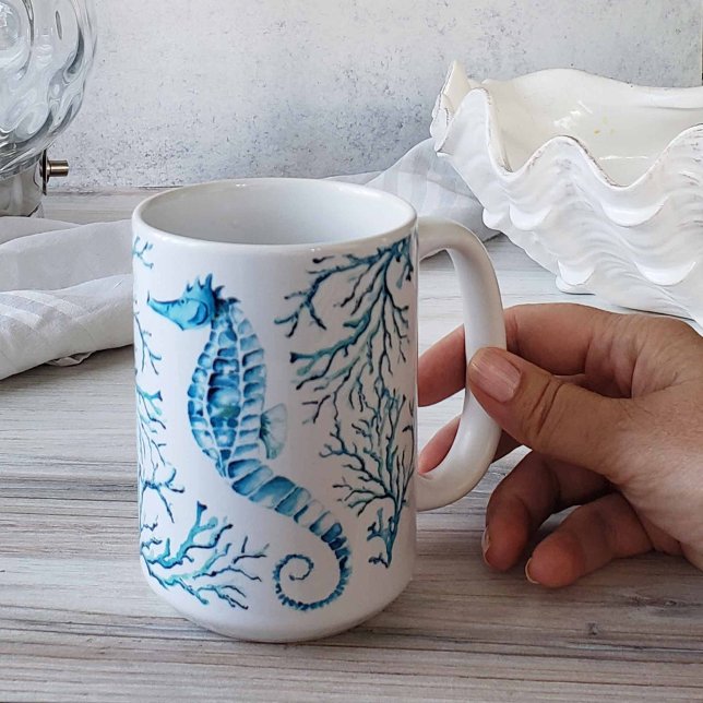 Mug Bleu côtier Hippocampe et corail Aquarelle (Beach-themed coffee mugs feature unique blue seahorse art by Victoria Grigaliunas of Do Tell A Belle)