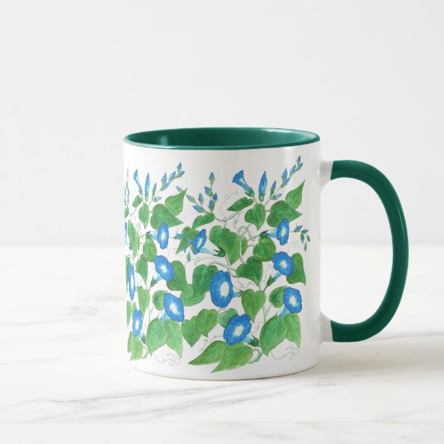 Mug Bleu de gloire du matin sur motif floral blanc (Droite)