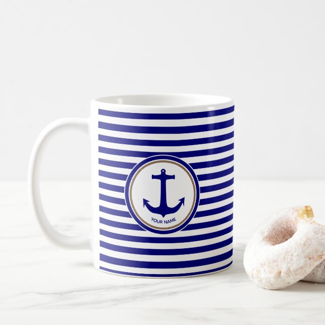 Mug Bleu de marine nautique avec Ancre (Avec donut)