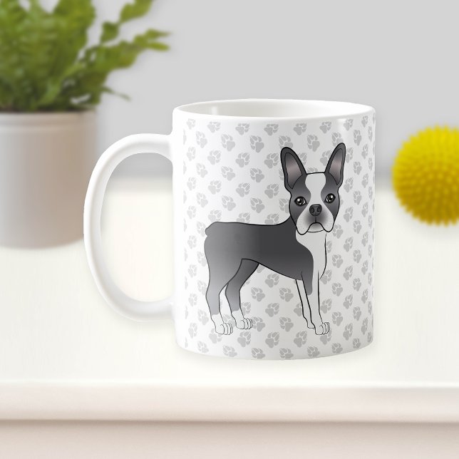 Mug Bleu Et Blanc Boston Terrier Cartoon Chien & Paws (Créateur téléchargé)