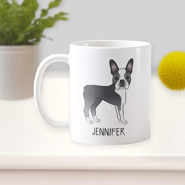 Mug Bleu Et Blanc Boston Terrier Dessin Chien Et Nom (Créateur téléchargé)