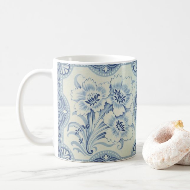 Mug Bleu et blanc Floral Victorian Majolica Antique (Avec donut)