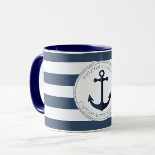 Mug Bleu et blanc rayé avec ancre personnalisée