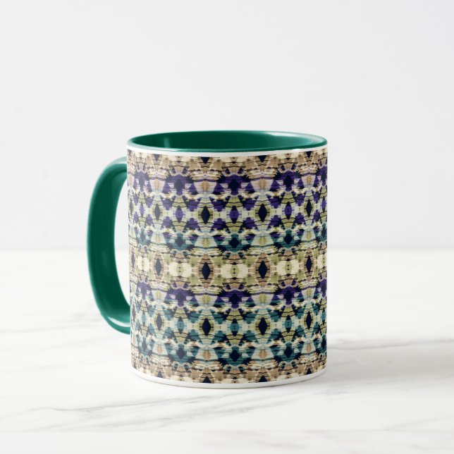 Mug Bleu ethnique, ikat beige (Devant gauche)