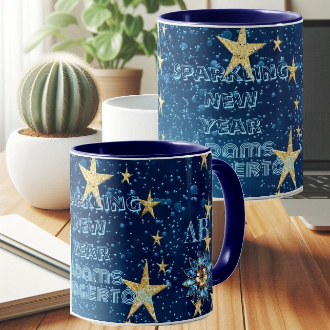 Mug Bleu étincelant Nouvel An Parties scintillant Étoi (Blue Sparkling New Year Glitter Stars Floral Party Mug)