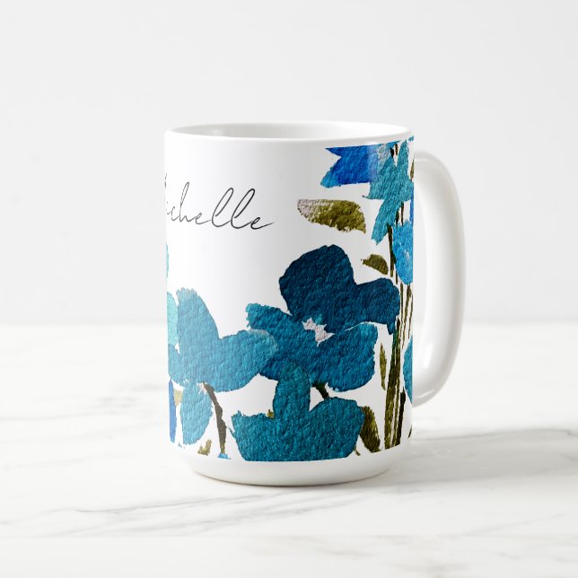 Mug Bleu Fleur sauvage Aquarelle Monogramme (Devant droit)