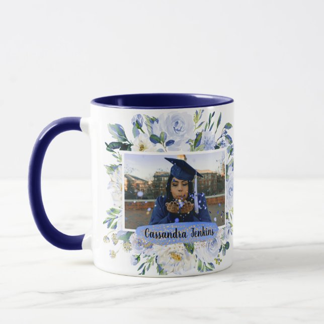 Mug Bleu Floral Rose Graduation Photo personnalisée (Gauche)