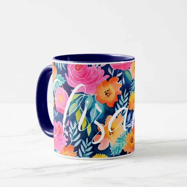 Mug Bleu foncé Rose Chaud Jaune Joyeux Floral Nom pers (Devant gauche)