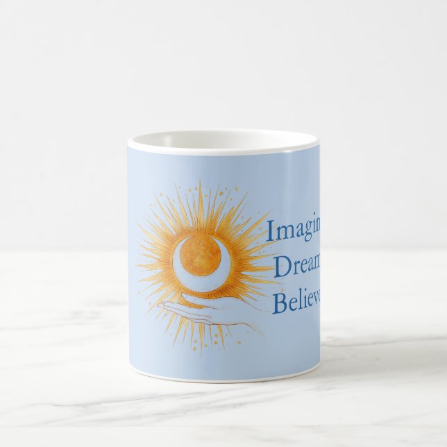 Mug Bleu Imaginez Rêve Croire Or Orange Soleil Main (Centre)