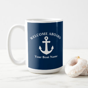 Mug Bleu marine Bienvenue à bord Nom du bateau Ancre n