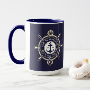 Mug Bleu marine et beige rond avec boussole côtière