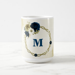 Mug bleu marine ivoire fleurs or monogramme