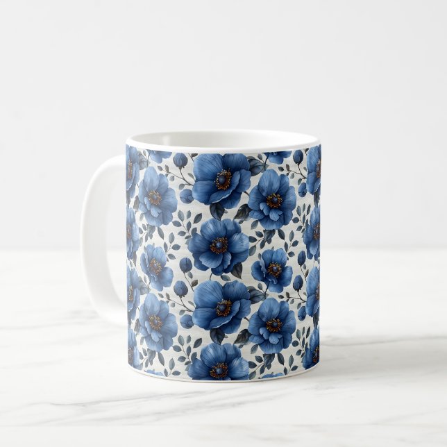 Mug Bleu marine rétro mignon élégant chic fleur  (Devant gauche)