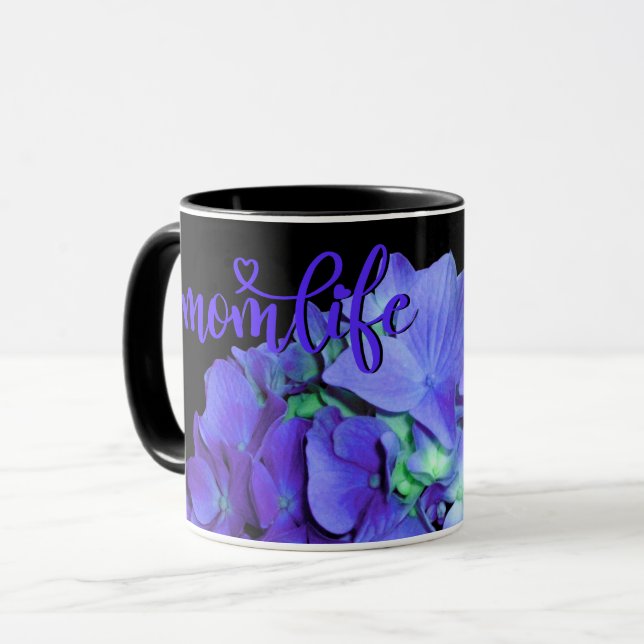 Mug Bleu mauve Hydrangeas fleurs violettes #momlife (Devant gauche)