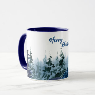 Mug Bleu Moderne Merry xmas arbres forêt pludeer