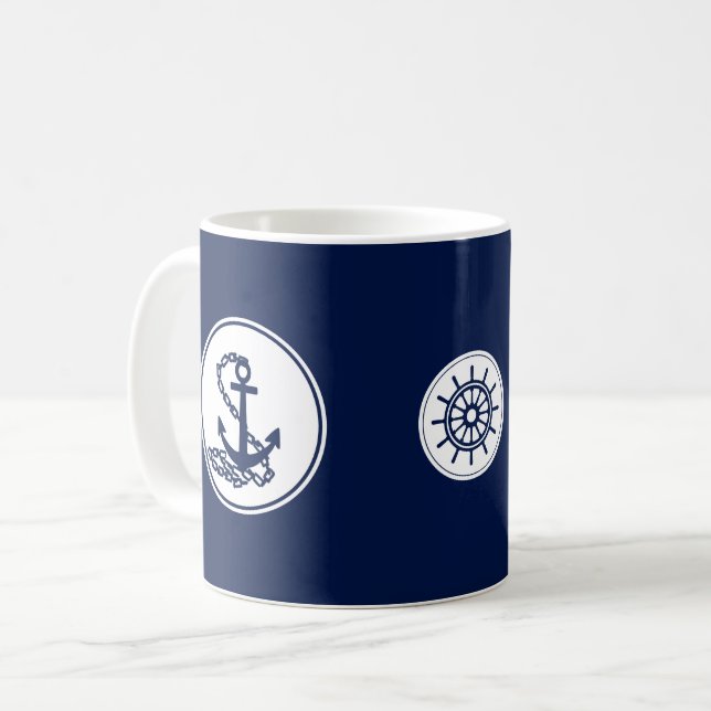 Mug Bleu Nautique Boug de café, Ancre et roue du navir (Devant gauche)