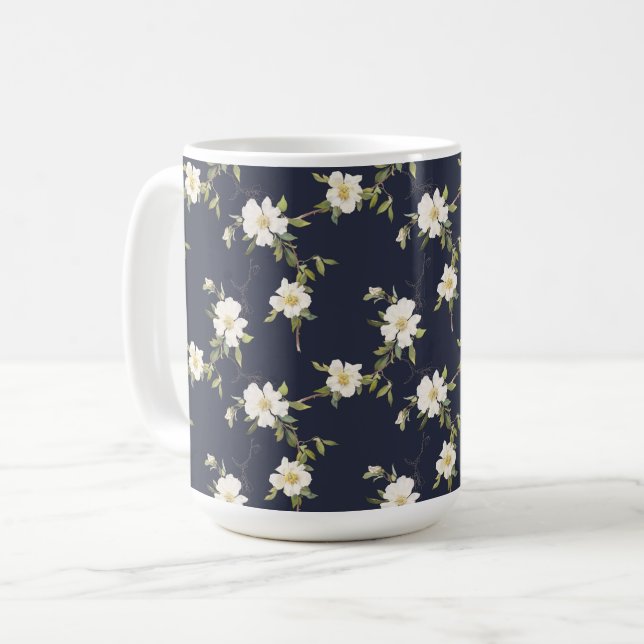 Mug Bleu Nuit Blanc Floral (Devant gauche)