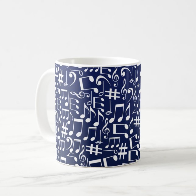 Mug Bleu Nuit Bleu de Cobalt Blanc Notes de Musique Da (Devant gauche)