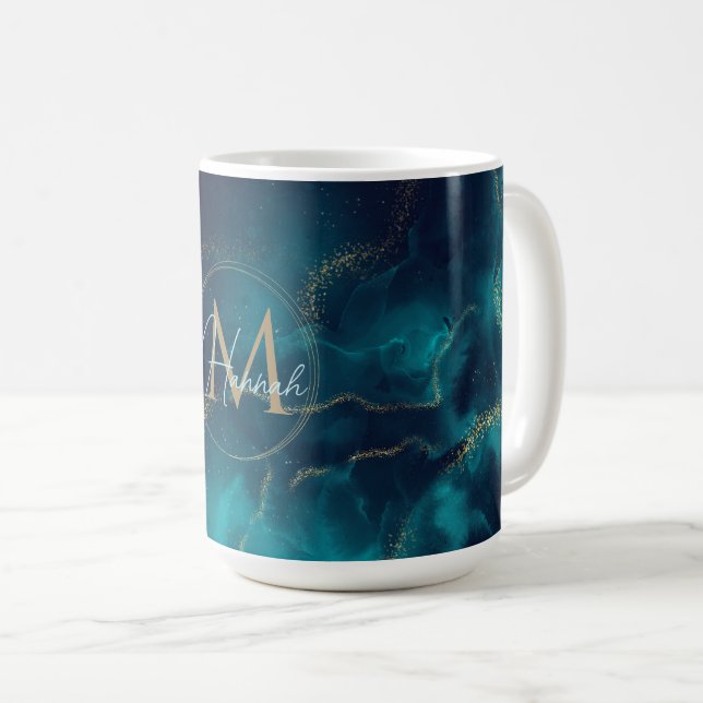 Mug Bleu Or Encre d'alcool Art Deep Blue Ocean (Devant droit)
