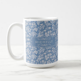 Mug Bleu pastel doux et motif floral bohème blanc gris
