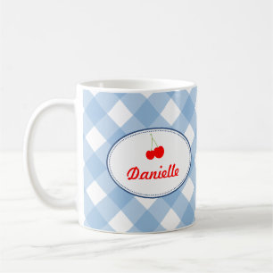 Mug Bleu pays en vichy motif rouge cerise personnelle