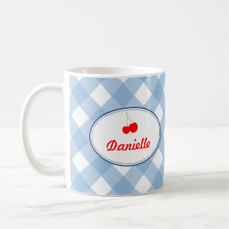 Mug Bleu pays en vichy motif rouge cerise personnelle