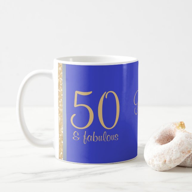 Mug Bleu personnalisé "50 et" cinquantième (Avec donut)