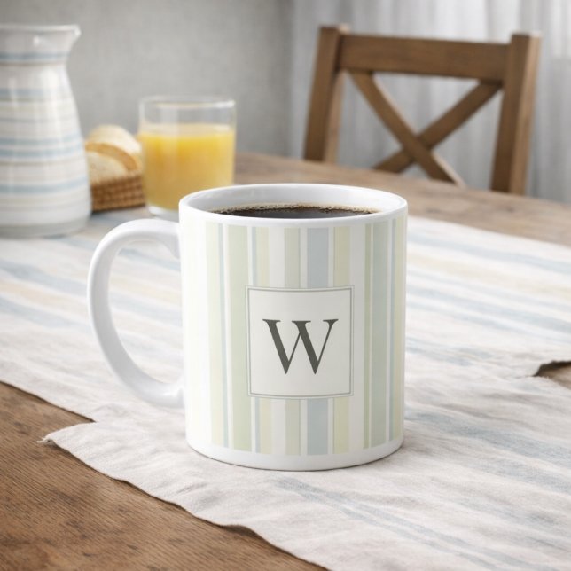 Mug Bleu Poussiéreux Initial Neutre Rayure Rustique Fe (Créateur téléchargé)