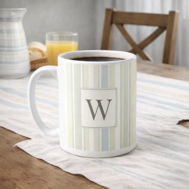 Mug Bleu Poussiéreux Initial Neutre Rayure Rustique Fe (Créateur téléchargé)