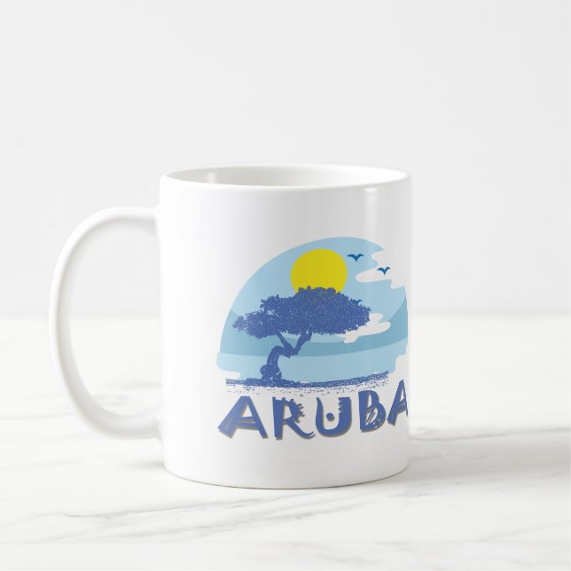 Mug Bleu rétro Aruba Divi Arbre, Soleil et Océan (Gauche)