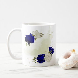 Mug bleu royal blanc fleuri