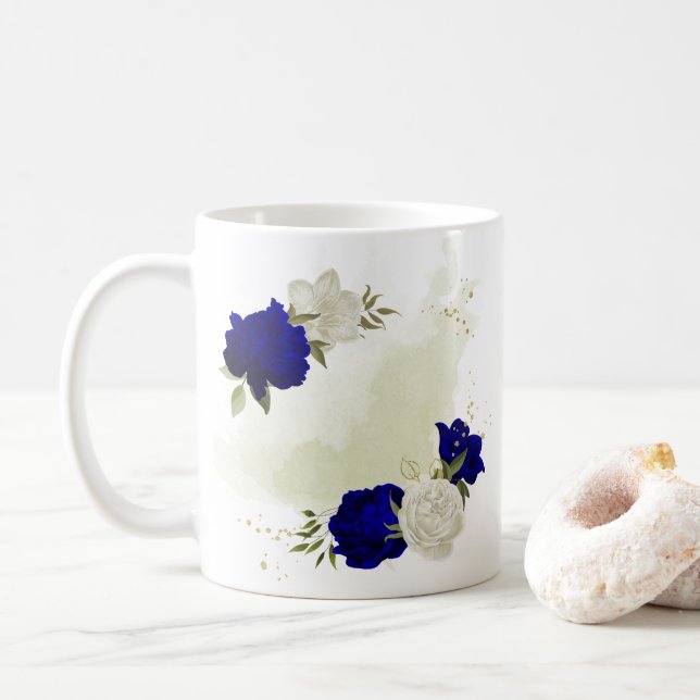 Mug bleu royal blanc fleuri (Avec donut)