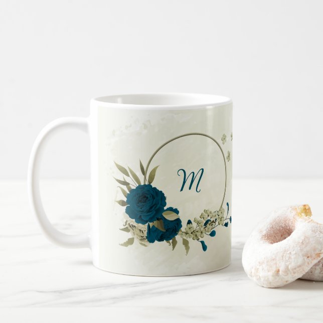 Mug bleu sarcelle beige floral  (Avec donut)