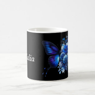 Mug Bleu sur Papillon floral noir Personnalisé